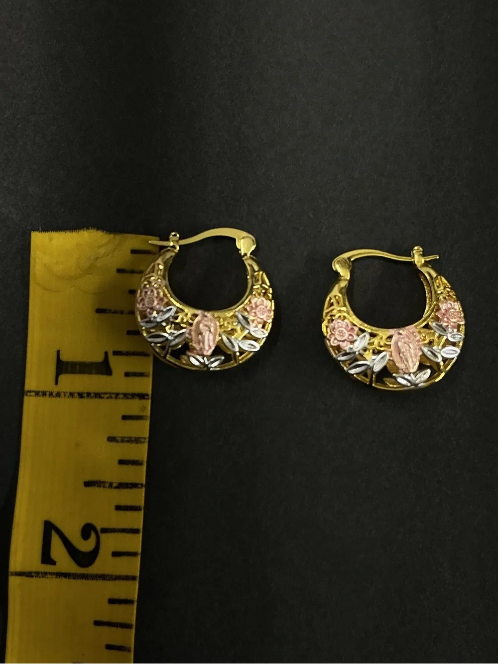 18 Gold  filled lady of Guadalupe Floral Hoop Earrings